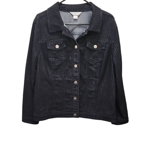 Christopher & Banks Women's Black/ Blue Striped Button Front Denim Jacket Large - Picture 12 of 13